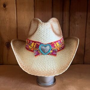 Fiesta Straw Cowboy Hat with Red Multicolor Band and Turquoise Heart Concho